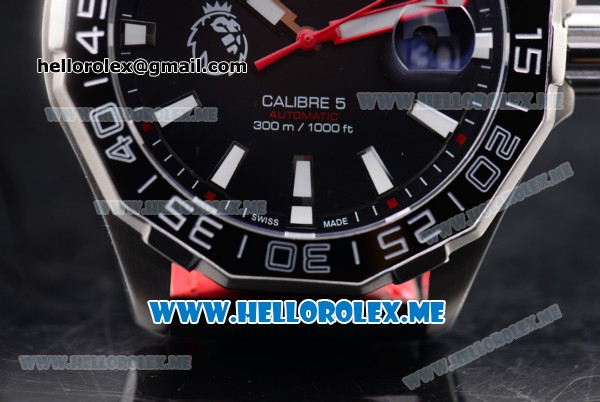 Tag Heuer Aquaracer Calibre 5 Match Timer Premier League Special Edition Miyota Quartz Steel Case with Black Dial and Black Leather Strap Stick Markers - Click Image to Close